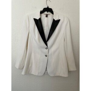 Basler Womens White Stretch Blazer Coat With Black Satin Lapel Size 40- Large